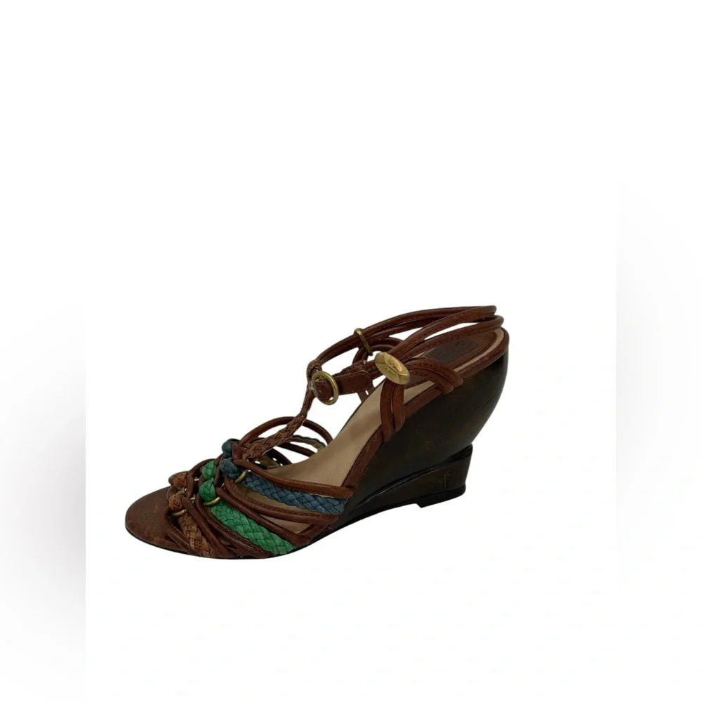 FRYE COLETE Sandals Brown Braided Leather Wedge Heels Open Toe Strappy Buckle 9